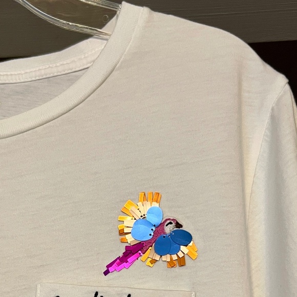 EUC Kate Spade Paradise Bound Sequin Bird White Tee T Shirt Top Size MEDIUM - Picture 2 of 3
